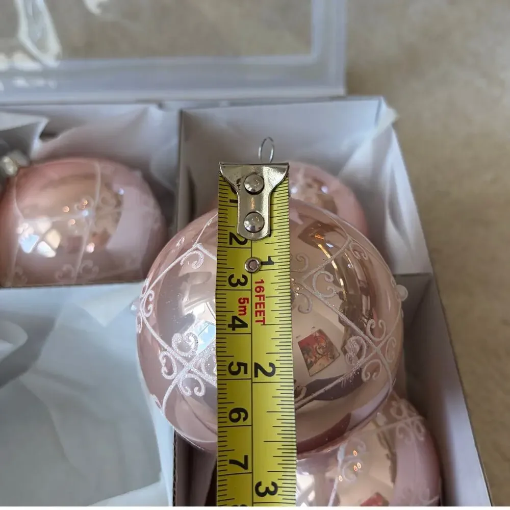 NEW Vitbis Poland Handcrafted Glass Ornaments Set of 6 Pink w/ White Glitter